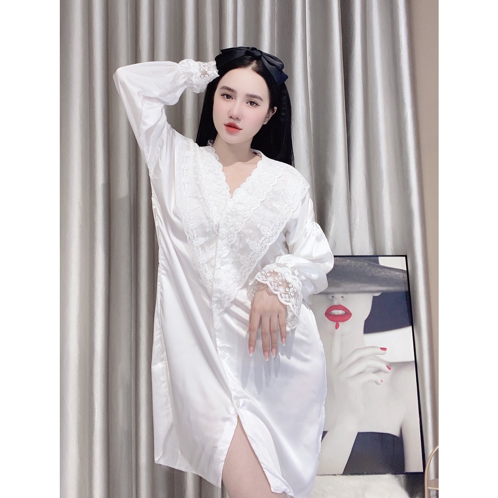 Váy ngủ lụa dài tay mặc nhà dễ thương Hoàng Tình Store đầm ngủ tiểu thư phối ren cổ chữ V Freesize