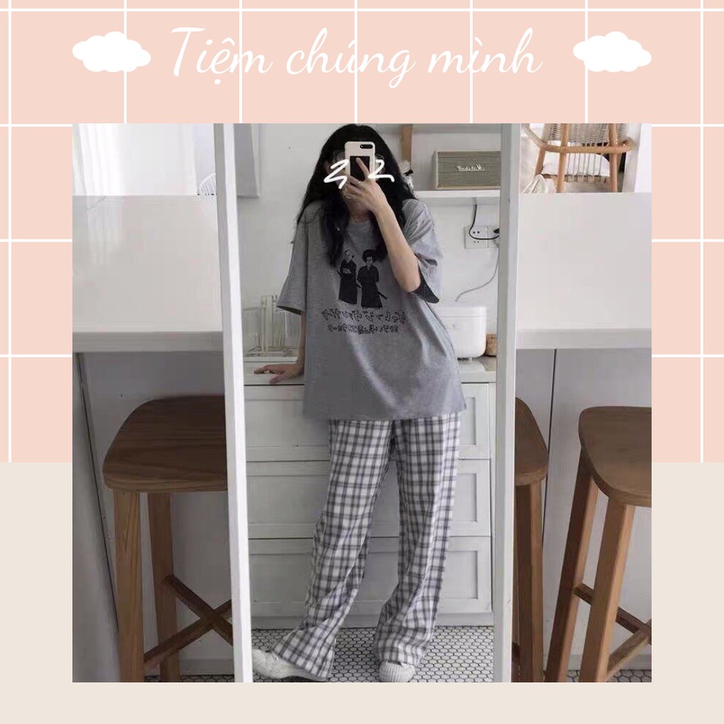 Bộ áo phông cộc tay dáng rộng kèm quần culottes kẻ ống rộng freesize < 61kg