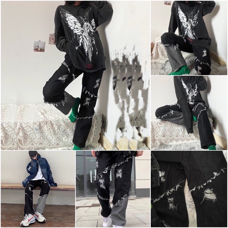 ULZZANG  Quần jeans rách UNISEX độc lạ cá tính FASHIONITA KÈM 3 ẢNH THẬT CUỐI
