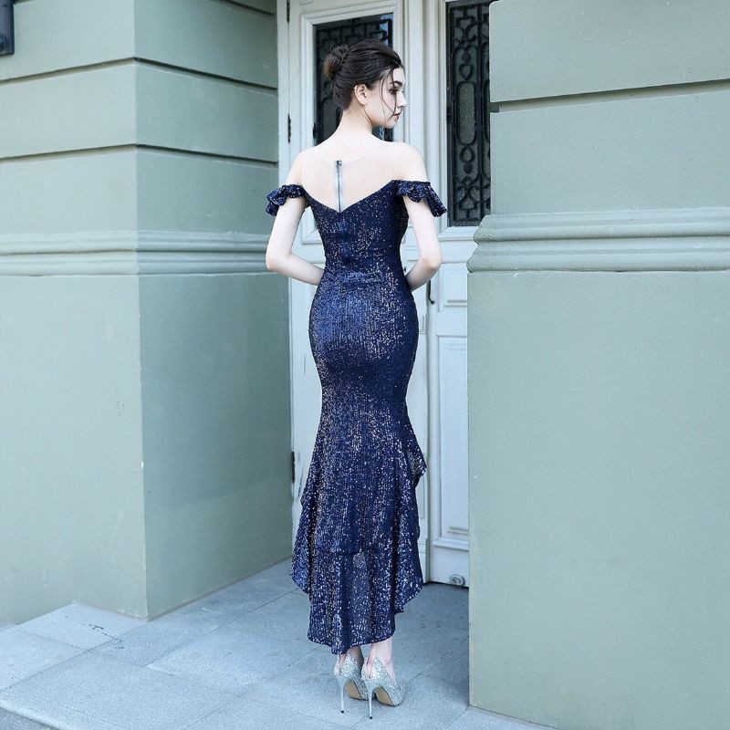 Hàng nhập - Đầm dạ hội Mullet xanh tím trễ vai, váy body dự tiệc viền bèo