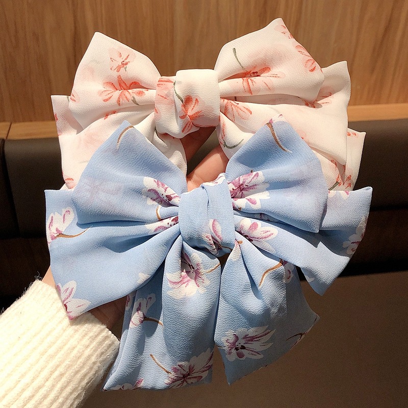 Kẹp Tóc Hình Nơ Lớn Bằng Vải Voan Họa Tiết Hoa Thời Trang Mùa Xuân Cho Nữ Sinh