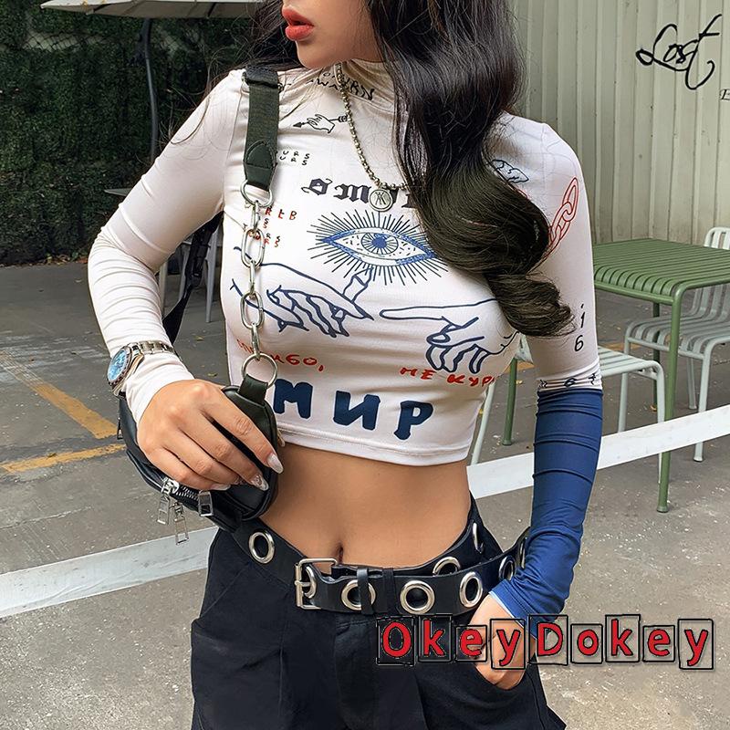 Áo Thun Tay Dài Cổ Lọ Co Giãn Ôm Dáng In Họa Tiết Gợi Cảm Cho Nữ