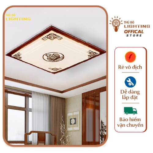 Đèn Mâm Ốp Trần Trang Trí Phòng Khách Phòng Ngủ THỦ ĐÔ LIGHTING Đèn Led 3 Chế Độ Sáng Đèn Mâm Vuông Gỗ Con Thuyền 802