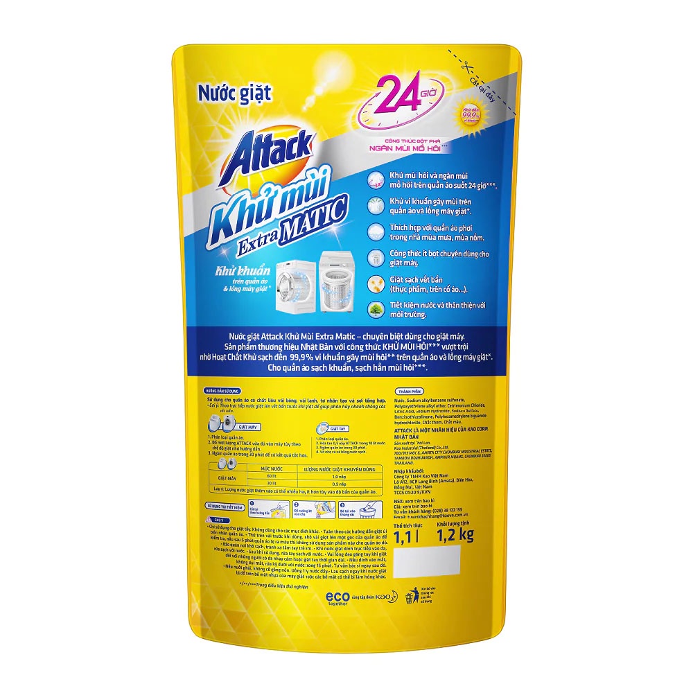 Nước Giặt Attack Khử Mùi Extra Matic Dành Cho Giặt Máy 1.2kg