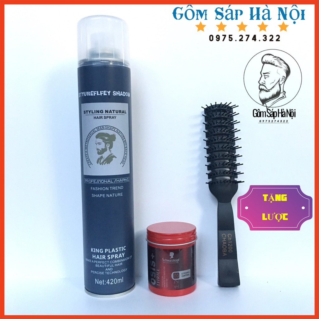 COMBO Gôm Xịt Tóc Butterfly Shadow Xanh 420ml + Sáp Vuốt Tóc Osis Thril + Lược Tạo Phồng