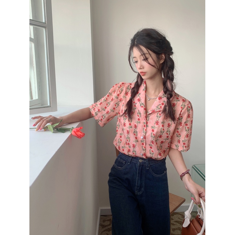 Áo Sơ Mi Tay Ngắn Họa Tiết Hoa Phong Cách retro Thời Trang Hàn Quốc Cho Nữ