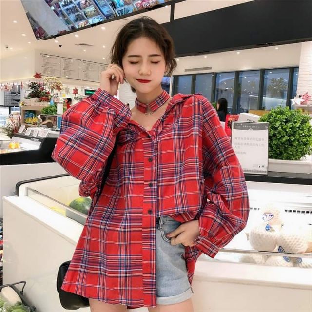 Hàng sẵn_ Set sơmi from rộng + áo ống + choker phong cách retro Hàn Quốc