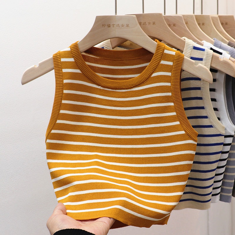 Korean Fashion Striped Crew Neck Knit Sleeveless Tank Top