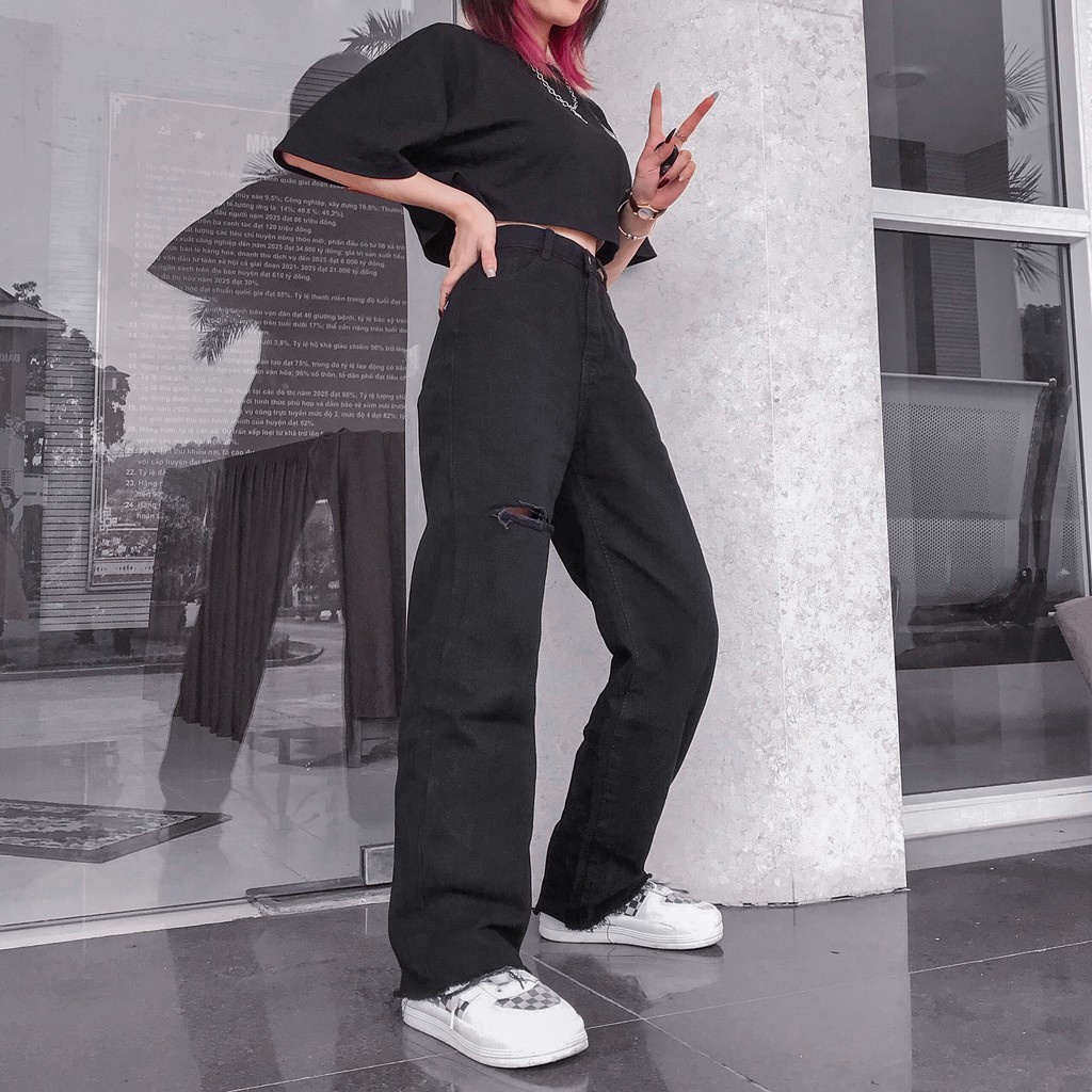 Quần Jeans Nữ Dáng Suông GIN JEANS Lưng Cao Rách Gối Ulzzang