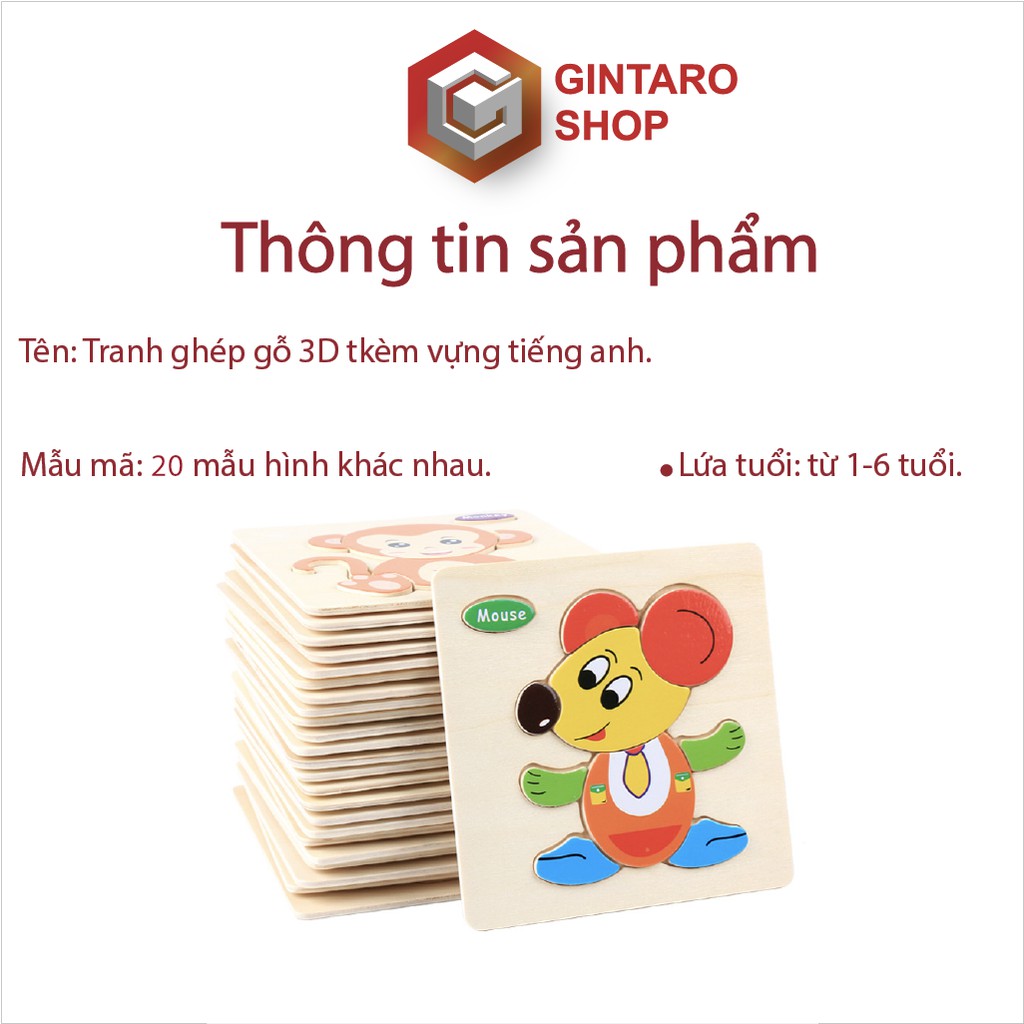 Bộ xếp hình bằng gỗ nổi 3D có chữ cái tiếng anh cho bé , Tranh ghép hình giúp bé phát triển tư duy từ nhỏ GINTARO SHOP