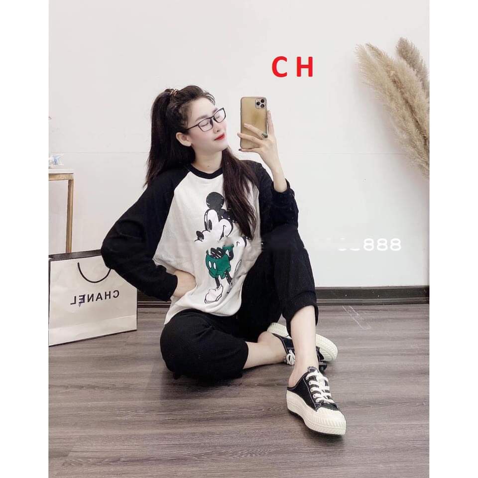 Set bộ đồ nữ áo thun dài tay cổ tròn và quần bo gấu hình micky siêu xinh