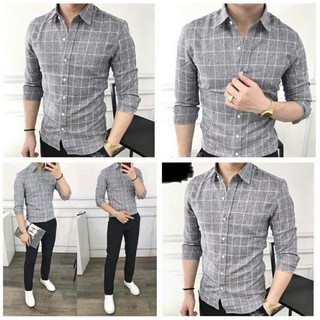 Áo sơ mi nam kẻ carô dài tay cổ bẻ chất đũi - hàng y hình
