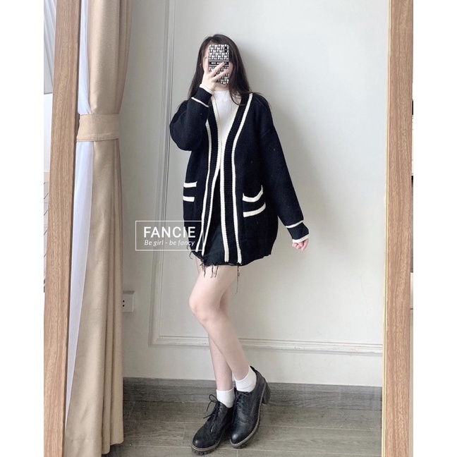 [SALE XẢ] ÁO LEN CADIGAN DÀI TRƠN VIỀN CÓ TÚI HAI MÀU ĐEN BE SỮA