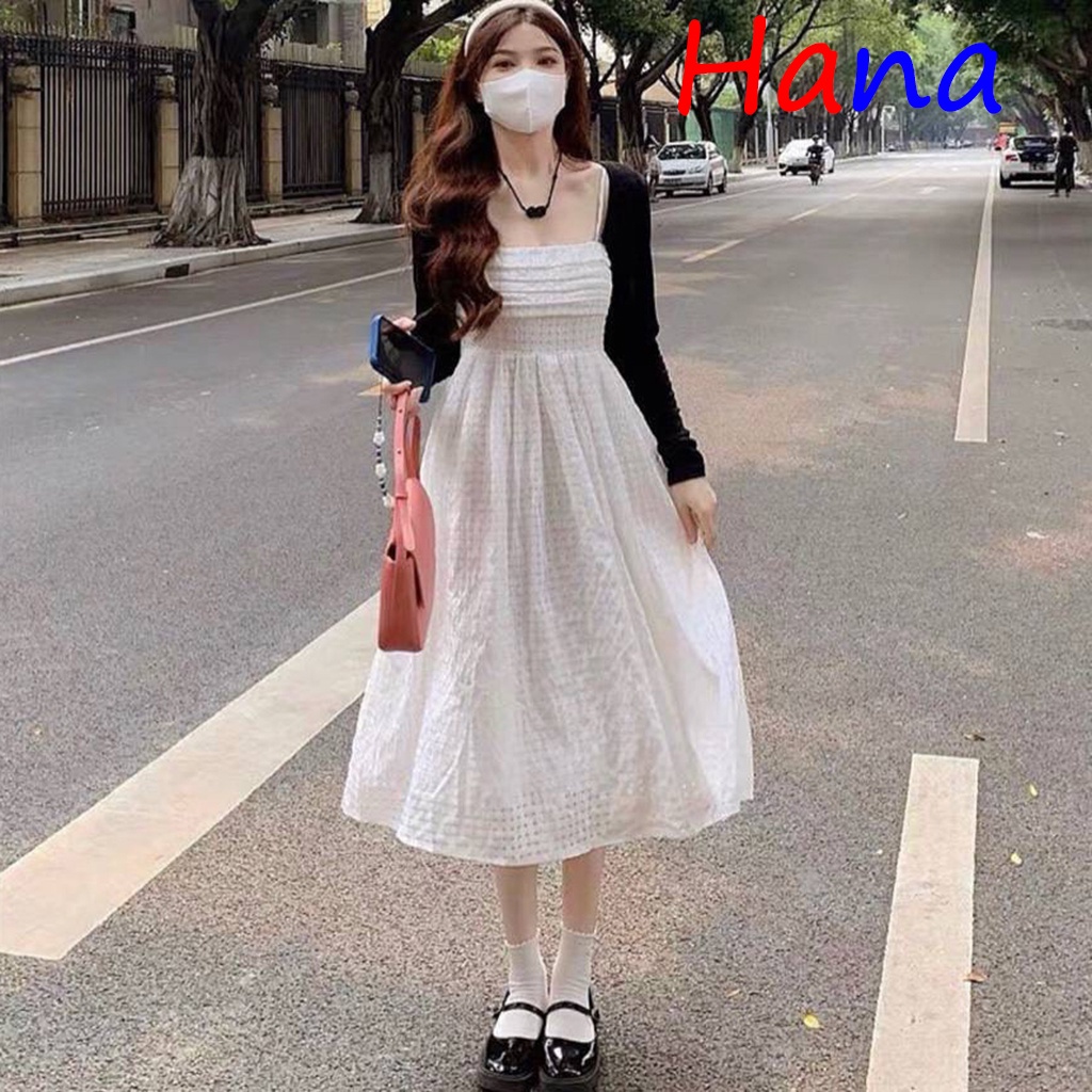 Váy trắng hai dây/ Áo Khoác Cardigan Mỏng Phong Cách Hàn Quốc -Hana66