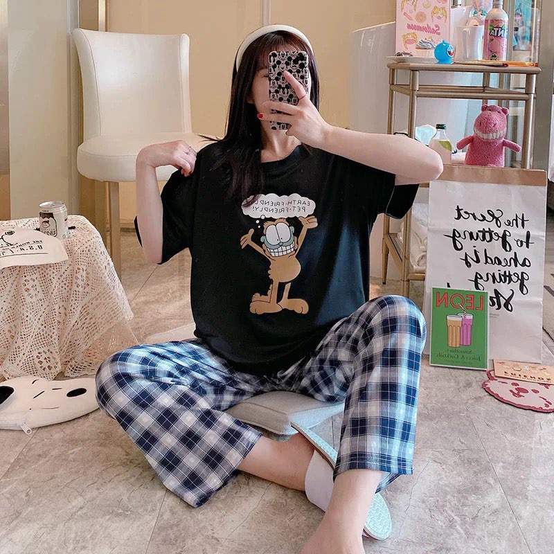 [Sẵn] Đồ bộ thun cotton quần dài, đồ mặc ở nhà Quảng Châu,pijama họa tiết hoạt hình dễ thương