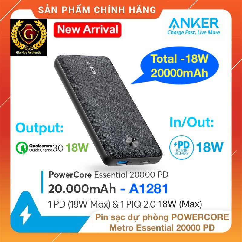 Pin sạc dự phòng cho iPhone, iPad ANKER PowerCore METRO ESSENTIAL 20000 PD 18W A1281 / PD 20W A1287