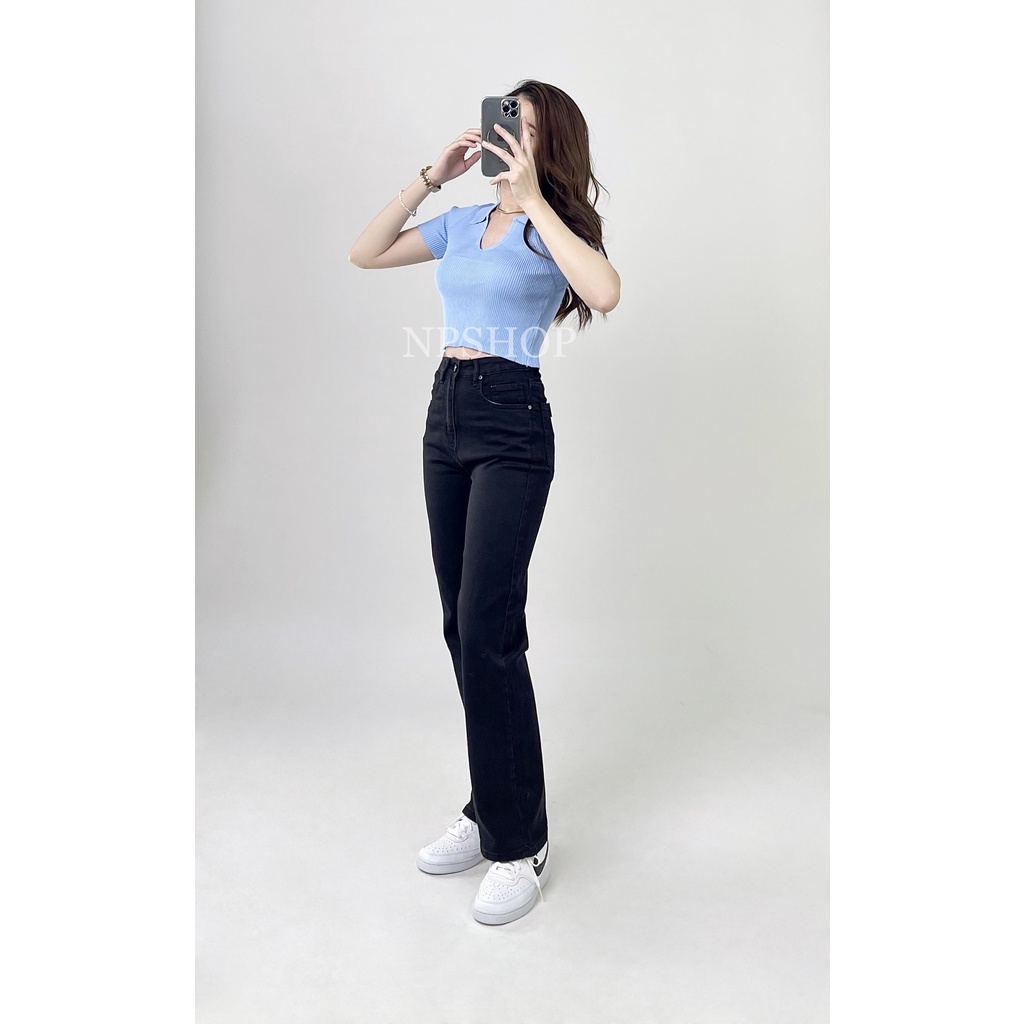 Quần jean ống rộng NPSHOP, quần bò nữ cạp cao ống rộng màu đen trơn dài NPQ038