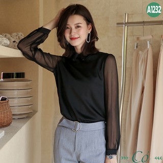 Áo sơ mi satin lụa tay phối voan - A1232