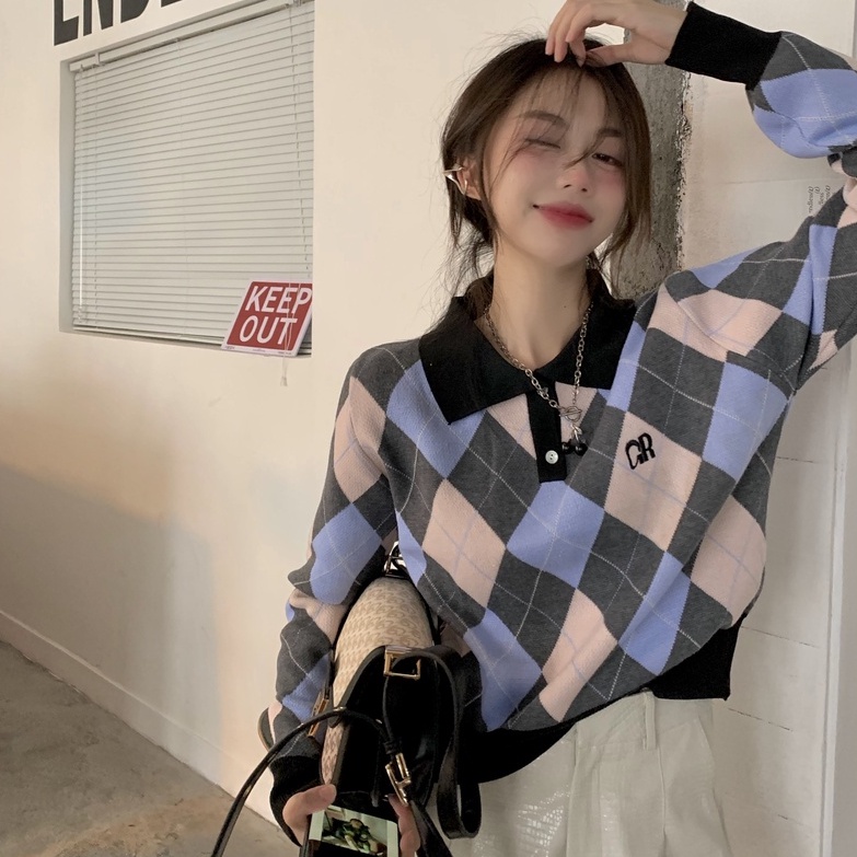 NUZIRO  Áo sweater  dệt kim cổ polo dáng ngắn thời trang mùa thu mới cho nữ