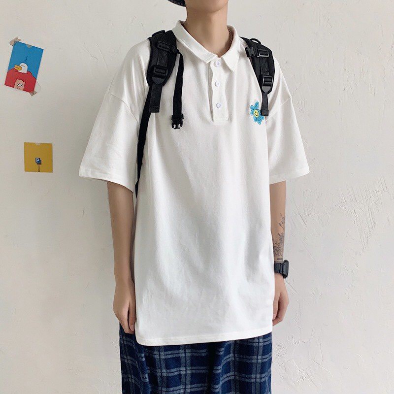 Áo thun polo nam nữ unisex tay lỡ HOA CÚC oversize 2 màu trắng đen cotton dáng xuông | BigBuy360 - bigbuy360.vn