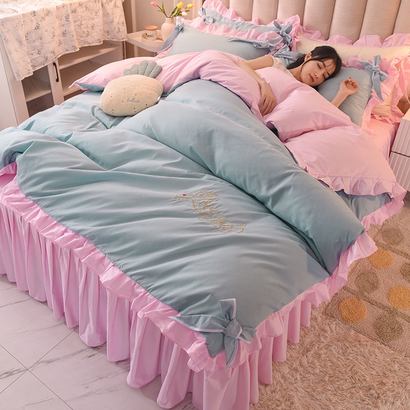 Korean Princess Feng Shui washed cotton bed skirt four piece set net red bow embroidered quilt cover lace bedspread bedding N8Zb
