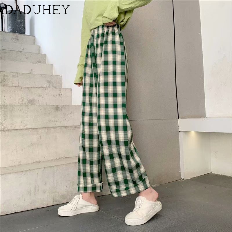 DaDuHey💕 Women's Plaid Elastic Waist Wide Leg Pants Women Floor Straight Plus Size Casual Loose Floor Trousers