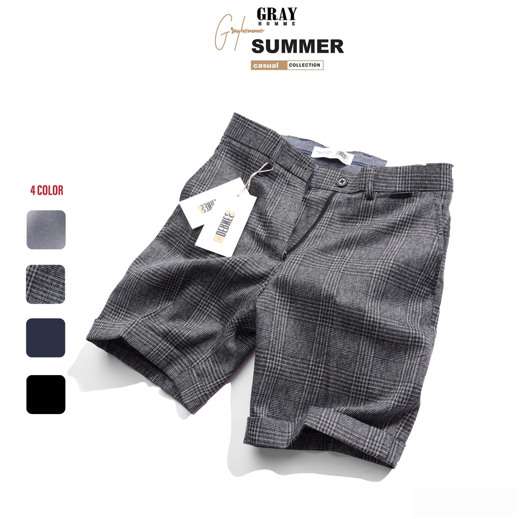 Quần short âu kẻ sọc GRAYHOMME vải cotton co giãn nhẹ kiểu dáng âu ngắn mẫu New