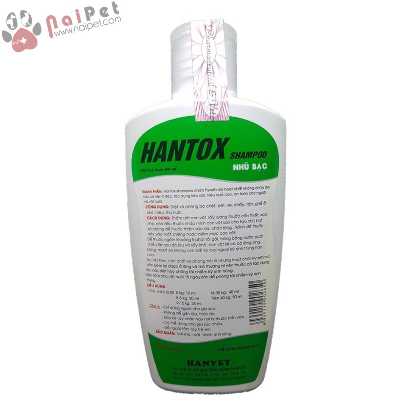 Sữa Tắm Trị Ve Rận Bọ Chét An Toàn Với Chó Con Và Mèo Con Hantox Shampoo Xanh Nhũ Bạc 200ml