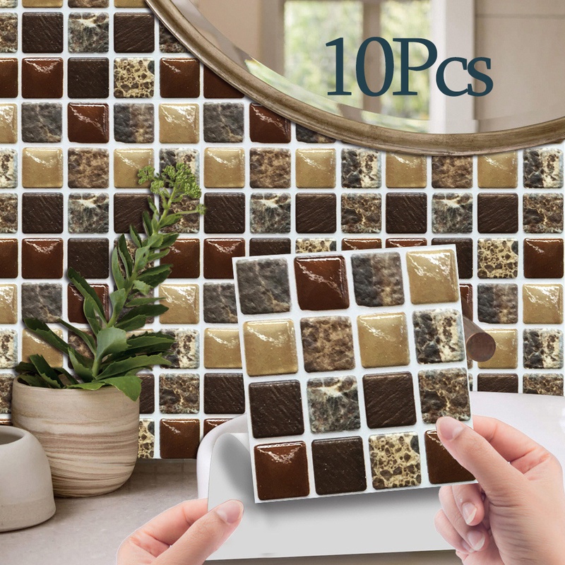 Bộ 10 Miếng Dán Tường 10x10cm Chống Thấm Nước Trang Trí Nhà Bếp Họa Tiết Vân Đá Pha Lê
