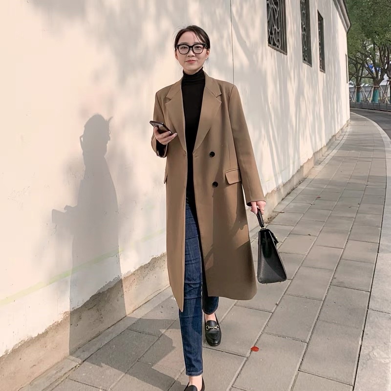 Áo Khoác Măng Tô Blazer Dáng Dài, Áo Vest Blazer Dáng Dài Màu Nâu Tây Phong Cách Sang Chảnh_ Hàng Order QCCC