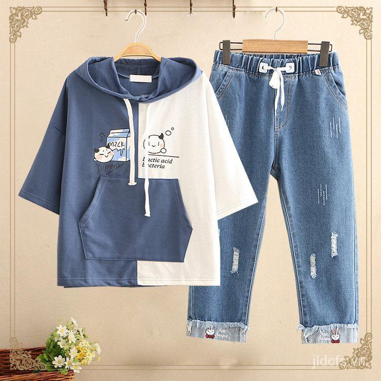 Bộ Áo Hoodie Tay Ngắn Dáng Rộng Dễ Thương Thời Trang Mùa Hè Dành Cho Nữ 12-15 Tuổi / Học Sinh 13older