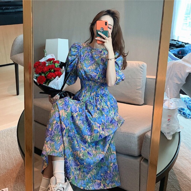 (Order) Đầm hoa xanh dáng dài cổ điển