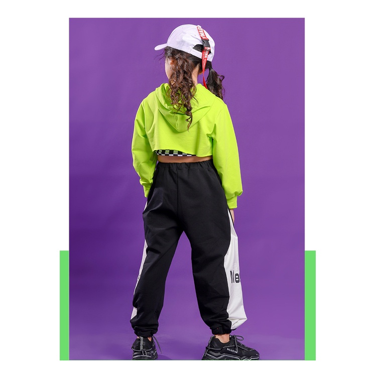 Set Áo Croptop + Quần Sọc Caro Trắng Đen Thời Trang Biểu Diễn Đường Phố Cho Bé Gái 4-16 Tuổi