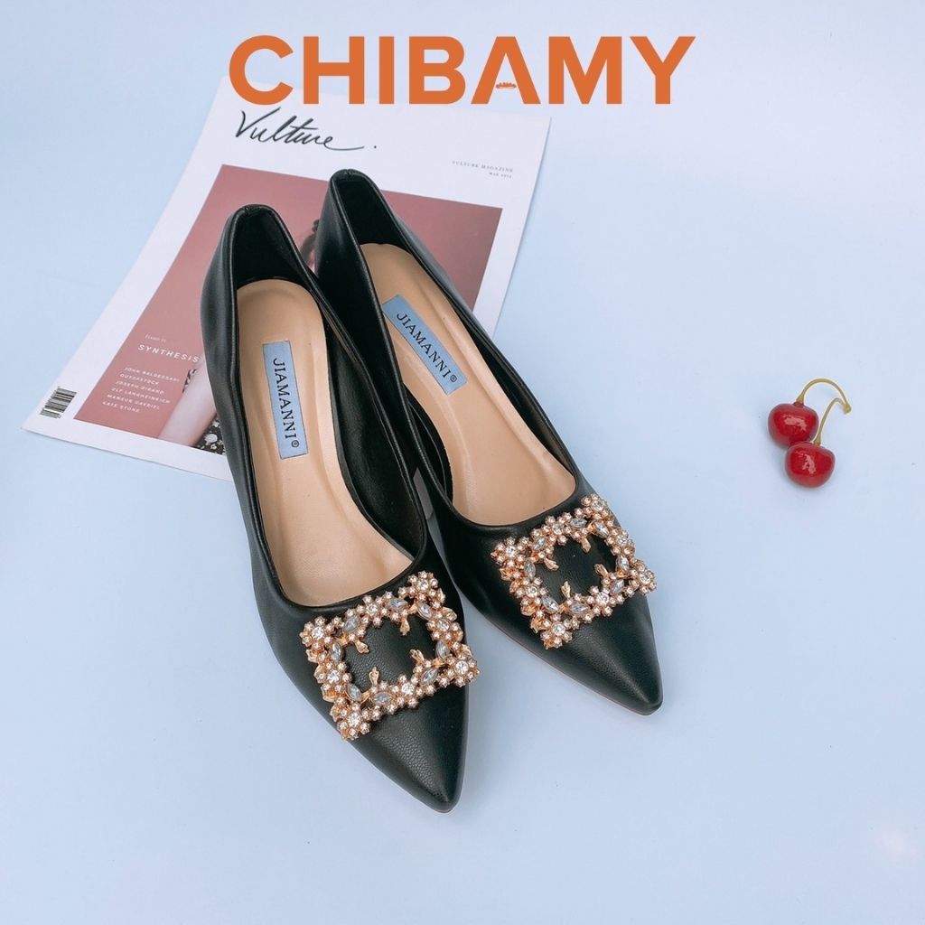Giày cao gót nữ đính đá 5cm CHIBAMY, gót vuông mũi nhọn chất da mềm mã CG03