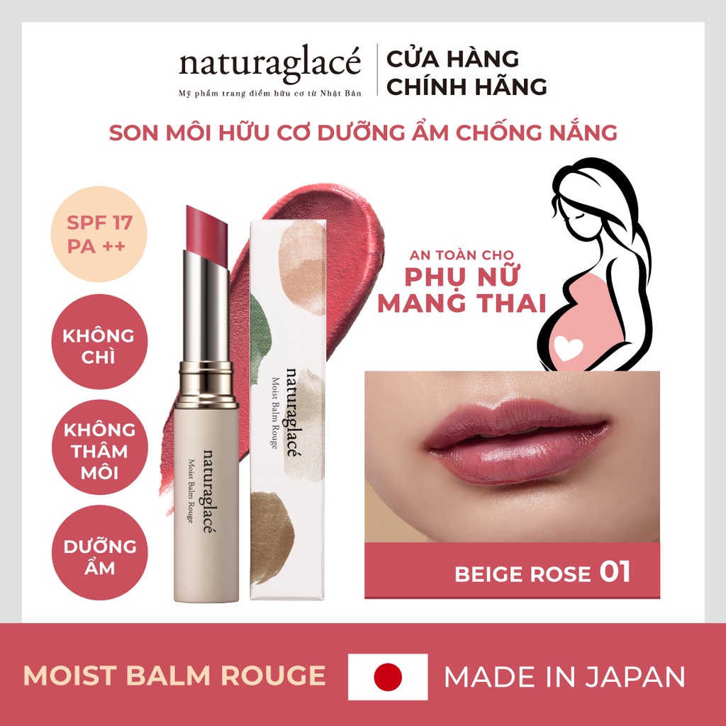 Son môi hữu cơ naturaglacé Moist Balm Rouge dưỡng ẩm, chống nắng SPF17 PA++, Màu 01 - Beige Rose, 2g