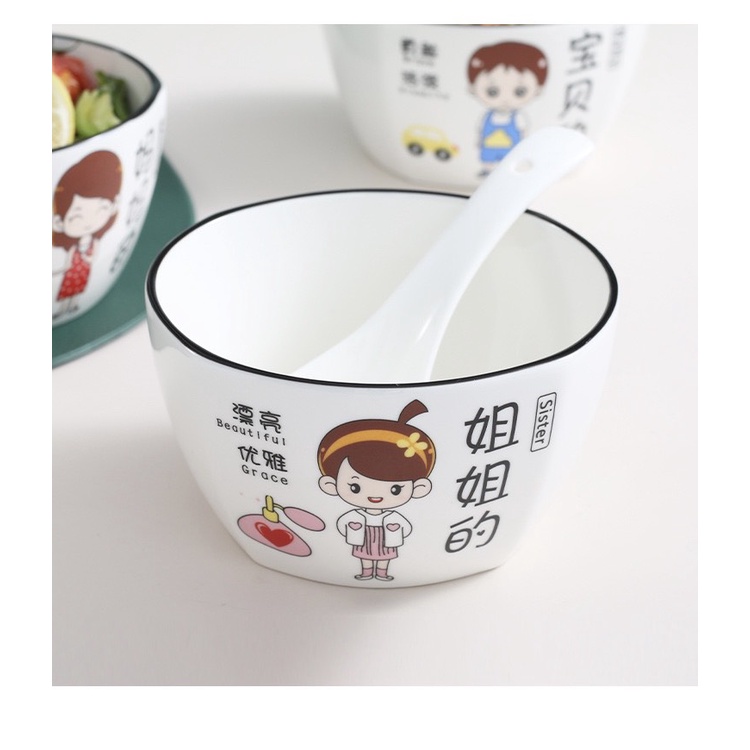 Bộ chén ăn cơm, bát đựng ngũ cốc, chén ăn cơm gia đình ông bà cha mẹ bé gái bé trai siêu đáng iu.