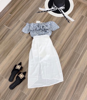 Set áo hoa cúc trễ váy xẻ (ảnh thật)