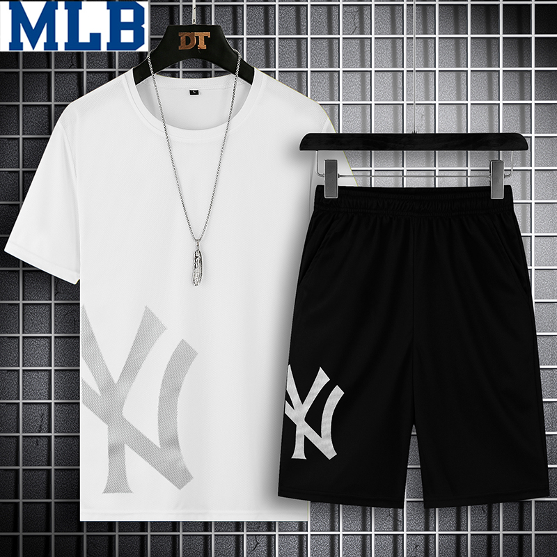 Set đồ 2 món gồm áo thun cổ tròn + quần short MLB lưng thun co giãn thoáng khí nhanh khô m-5xl cho nam