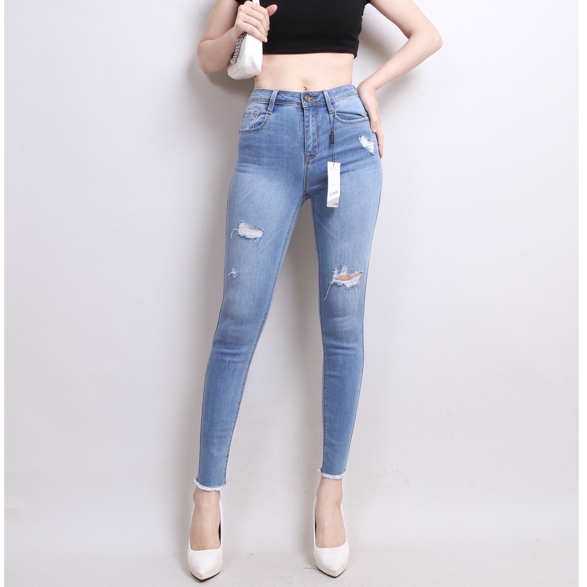 Quần Jean Nữ Skinny Cạp Cao co giãn Gấu Tua Rua Rách CT JEANS