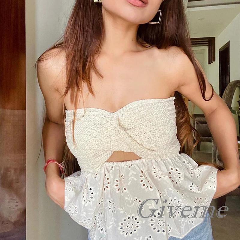 Áo Ống Mini Cúp Ngực Y2K Không Dây Hở Lưng Đan Len Cho Nữ