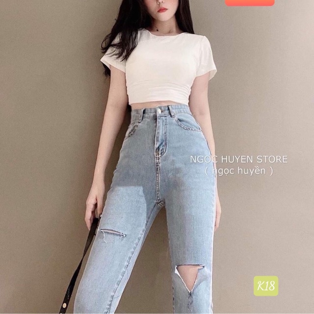 Quần jeans nữ lưng cao RÁCH t ôm body lưng siêu cao rách gối xanh nhạt - J20