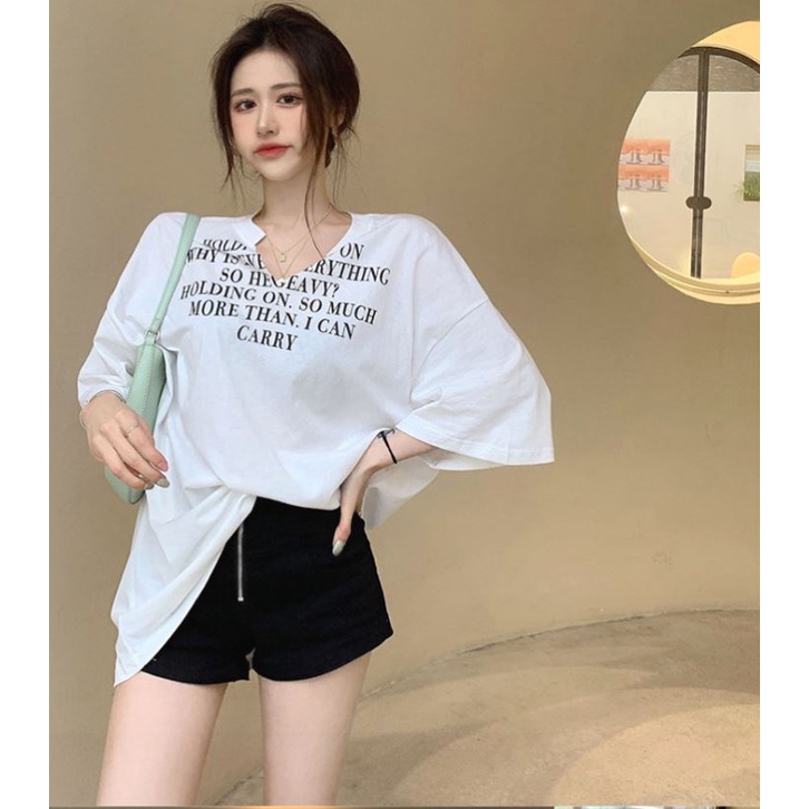 Áo Thun Nữ Ngắn Tay Cổ Chữ V In Hình