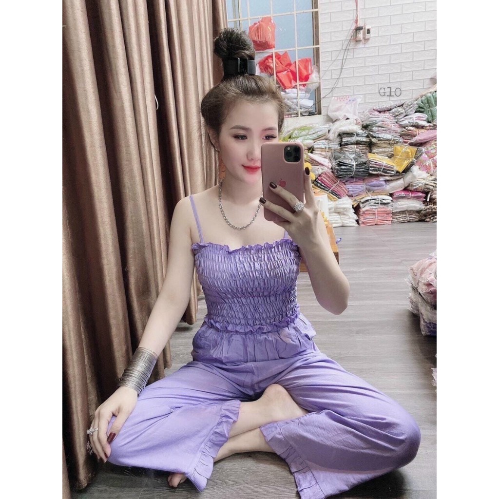 Sét bộ áo hai dây bo nhún phối quần dài cute TTSA0988