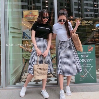 Set áo phông mix chân váy caro xoè A