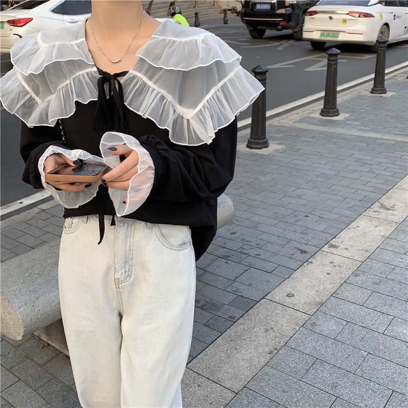 Áo Sơ Mi Tay Loe Cổ Búp Bê Thời Trang Hàn Quốc Dành Cho Nữ