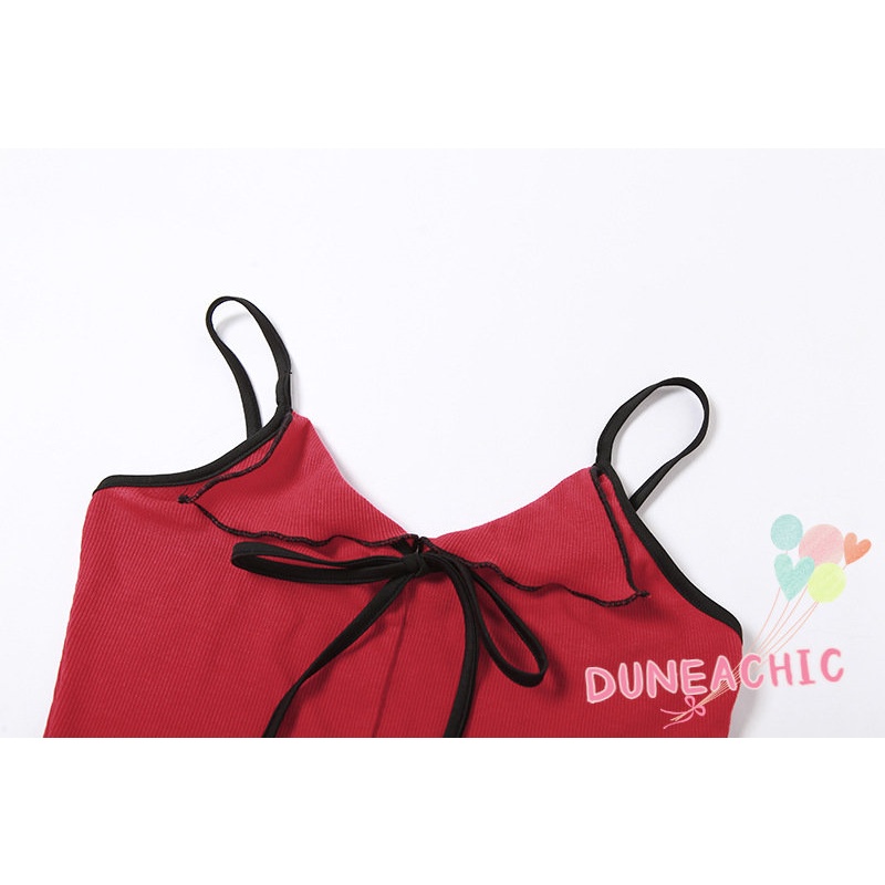 DUNEA Áo Croptop Hai Dây Hở Lưng Phối Bèo Màu Khối Thời Trang Cho Nữ