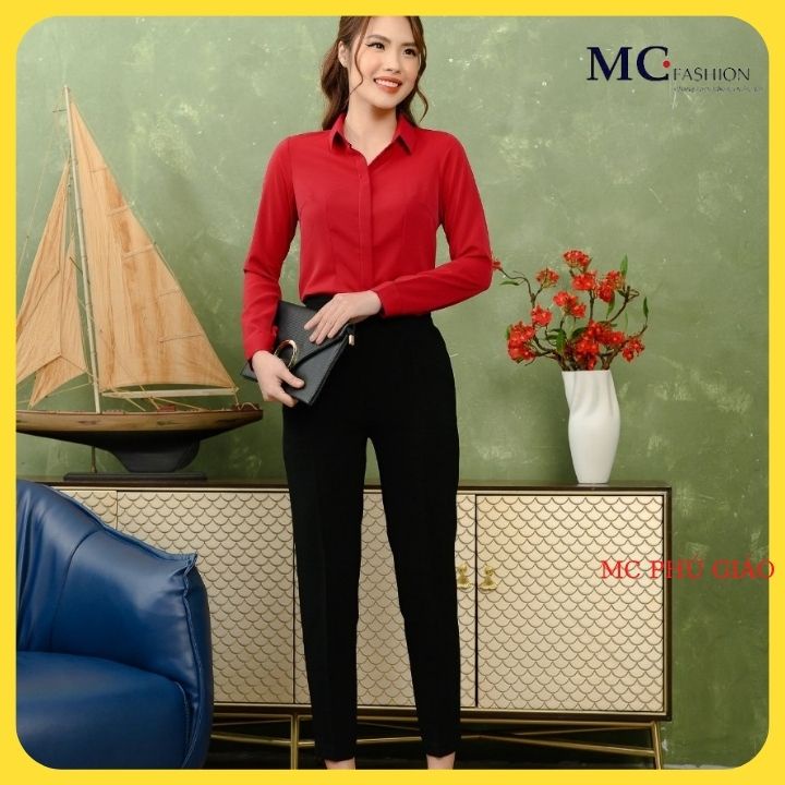Áo Sơ Mi Nữ Cao Cấp Mc Fashion Đẹp Dài Tay Trơn Màu Xám Xanh Đậm Xanh Lơ Hồng Ruốc Đô Chuẩn Hãng Mc Fashion A686
