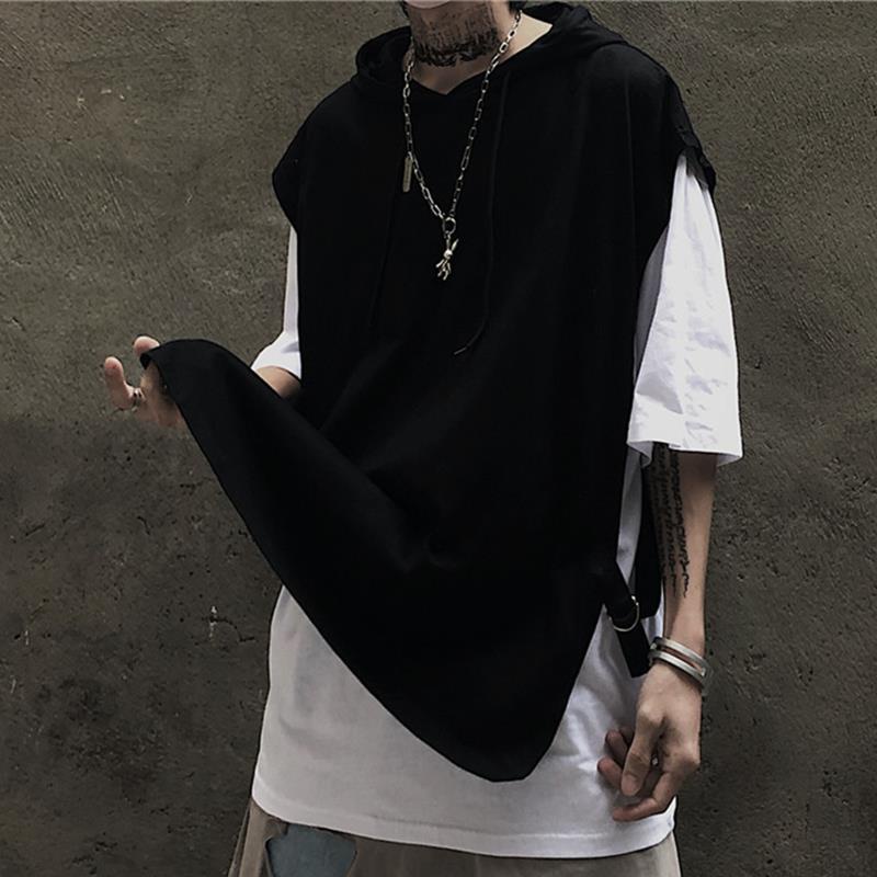 Áo hoodie giả hai lớp/ Áo thun trơn tay ngắn màu tối thời trang mùa hè phong cách thời trang cho cặp đôi