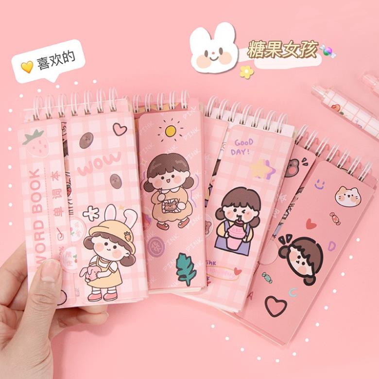Sổ học từ vựng ngoại ngữ tiếng anh, Sổ ghi nhớ gáy lò xo hình bé gái màu hồng 80 tờ 160 trang