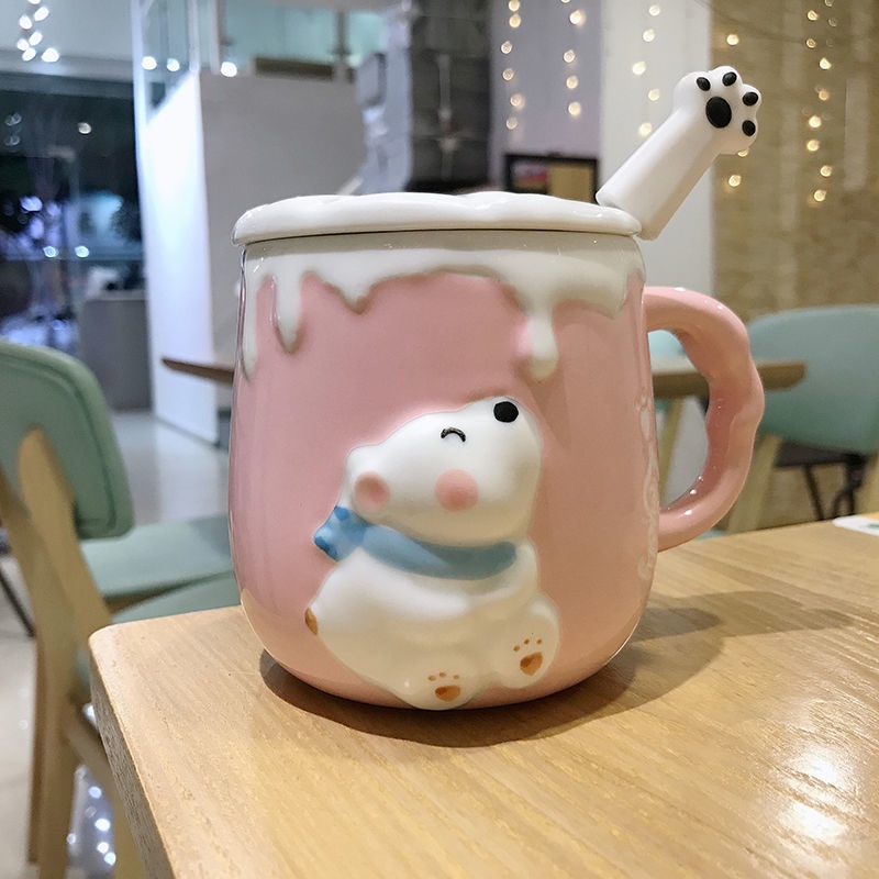 ✨Cốc Uống Nước Bằng Sứ Có Nắp Và Muỗng Họa Tiết Hoạt Hình Phong Cách Hàn Quốc Dễ Thương Cho Học Sinh
